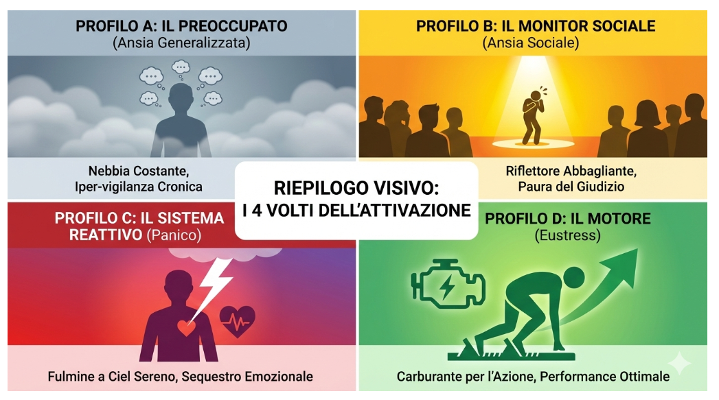 4 Profili d'Ansia: "Schema riassuntivo dei tipi di ansia: generalizzata, sociale, panico ed eustress."